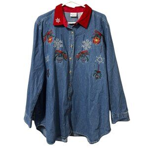 Bobbie Brooks Woman size 14W/16W Embroidered Ornaments Christmas Denim Shirt VTG